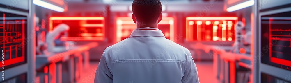 Poster a scientist observes advanced technology in a red-lit laboratory, emphasizing innovation and researc