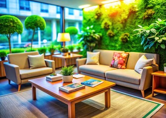 Obraz premium Cozy and Inviting Waiting Room with Tilt-Shift Photography Effect, Soft Lighting, Comfortable Seating, and Modern Decor for Relaxation and Serenity in Healthcare Facilities and Offices
