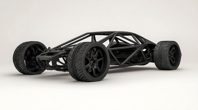 A sleek black automobile chassis showcasing modern design and engineering principles.