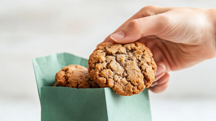 A hand grabbing a cookie from a green paper bag, food festive event
