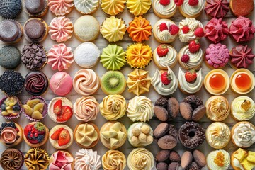 A vibrant array of assorted cupcakes and desserts, showcasing a variety of colors, textures, and decorative styles, perfect for a sweet celebration.