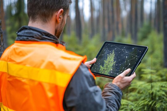 Forester in Orange Vest Using Tablet to Analyze Forest Map in Lush Green Environment - Powered by Adobe