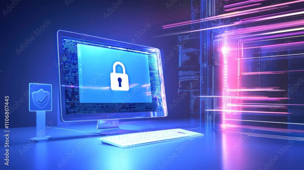 Poster a visual representation of online safety, featuring a computer screen with a lock symbol and caution