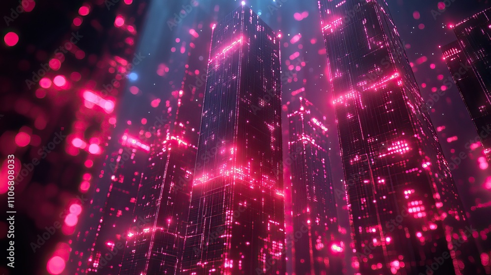 Poster a digital art representation of skyscrapers with interconnected data points, symbolizing building te