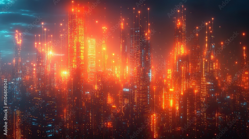 Aufkleber a digital art representation of skyscrapers with interconnected data points, symbolizing building te