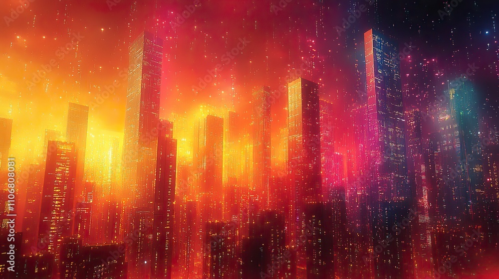 Poster a digital art representation of skyscrapers with interconnected data points, symbolizing building te