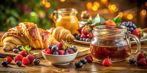Fototapeta premium Delightful Breakfast Spread with Croissants, Coffee, Jams, and Fresh Berries in a Cozy Setting - Perfect for Morning Inspiration and Culinary Delights