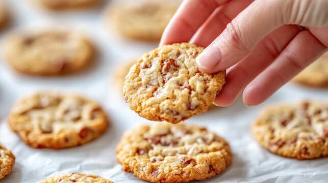 A hand grabbing a cookie from a baking tray, food festive event