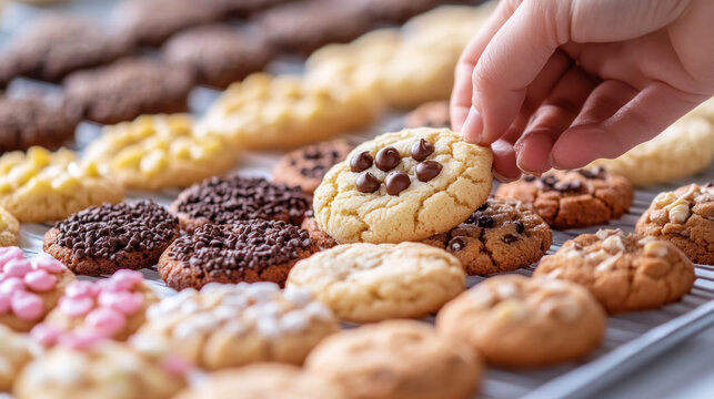 A hand grabbing a cookie from a baking tray, food festive event