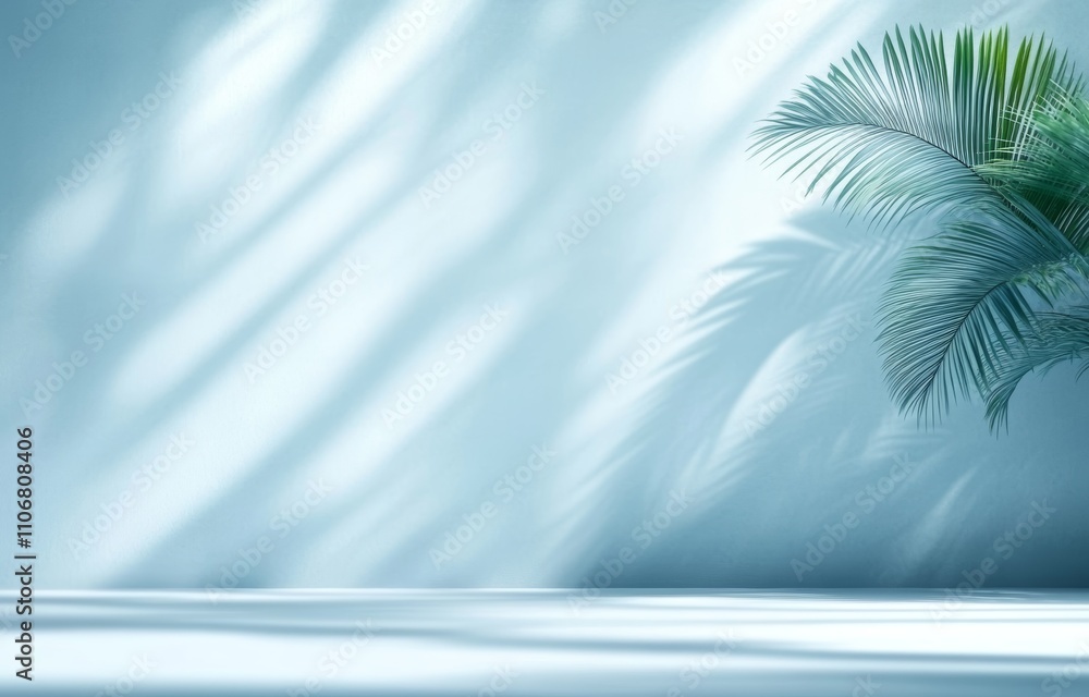 Poster minimal abstract background with palm leaf shadows on light blue wall for spring and summer