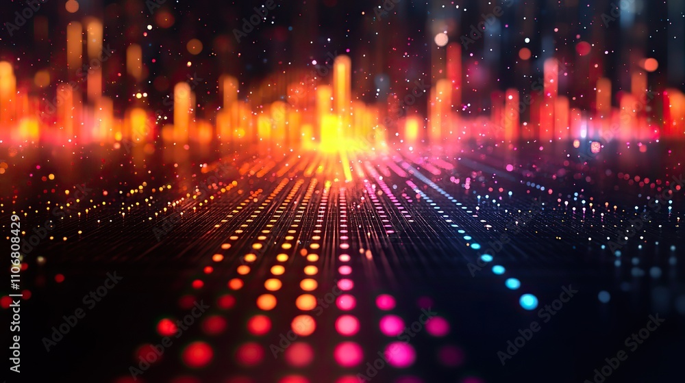 Poster a digital audio waveform with colorful sound waves and a circuit board background represents a high-