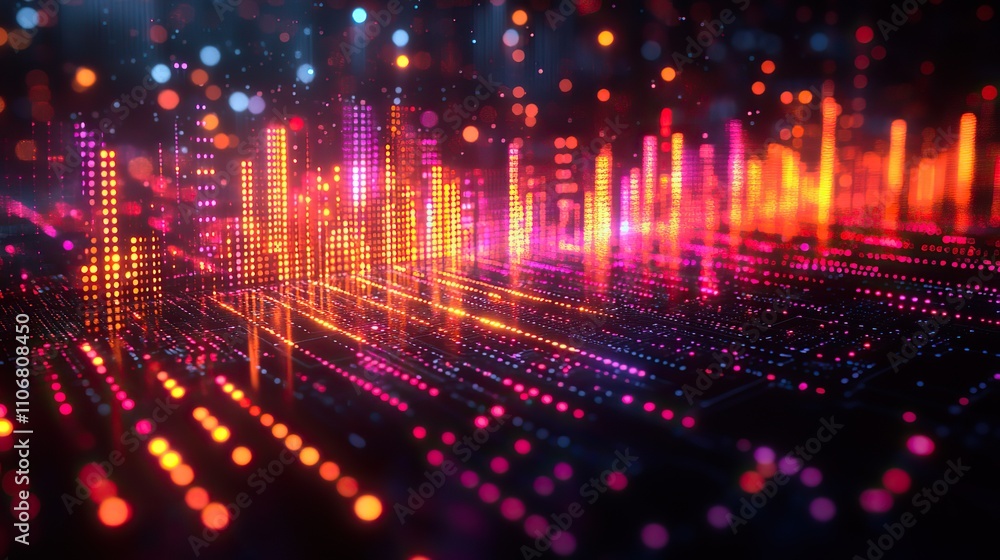 Poster a digital audio waveform with colorful sound waves and a circuit board background represents a high-