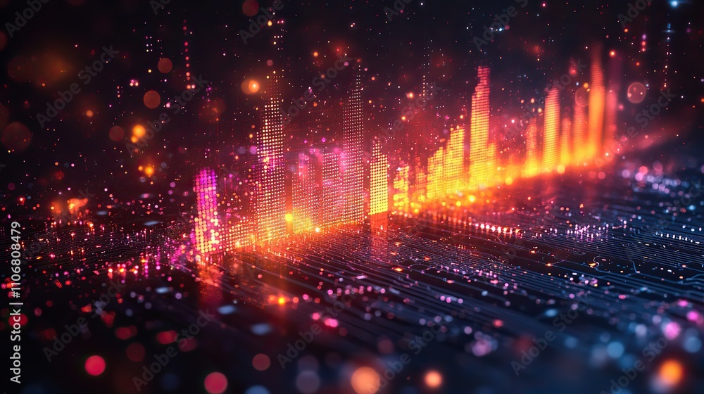 Poster a digital audio waveform with colorful sound waves and a circuit board background represents a high-