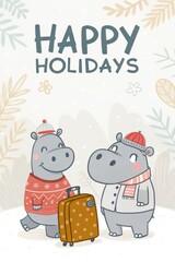 Naklejka premium cute cartoon hippo with happy holidays