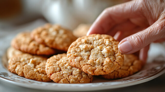 A hand grabbing a cookie from a plate, food festive event