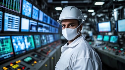 Worker in control room of nuclear power plant, focused expression, wide-angle shot