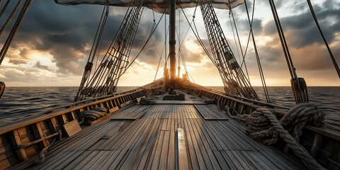 Sailing adventure at sunrise on the open sea with a wooden ship and dramatic clouds