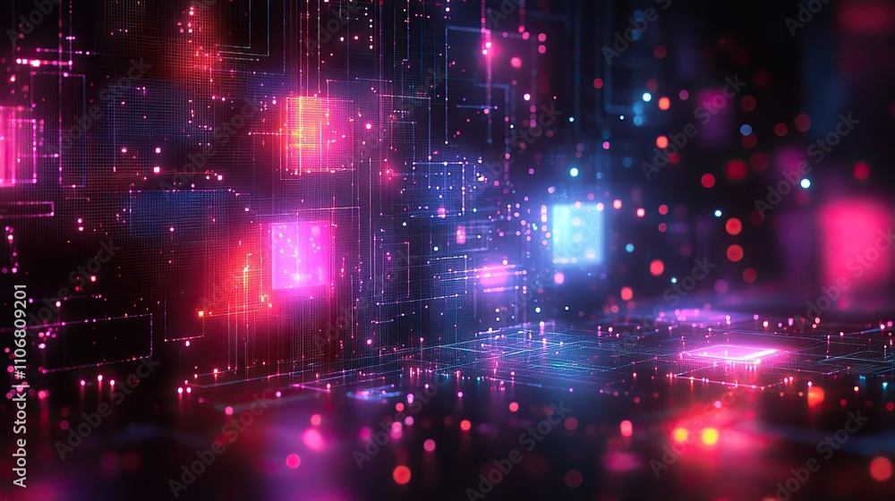 Poster a digital background with purple and blue isometric lines on a black background, creating a tech pat