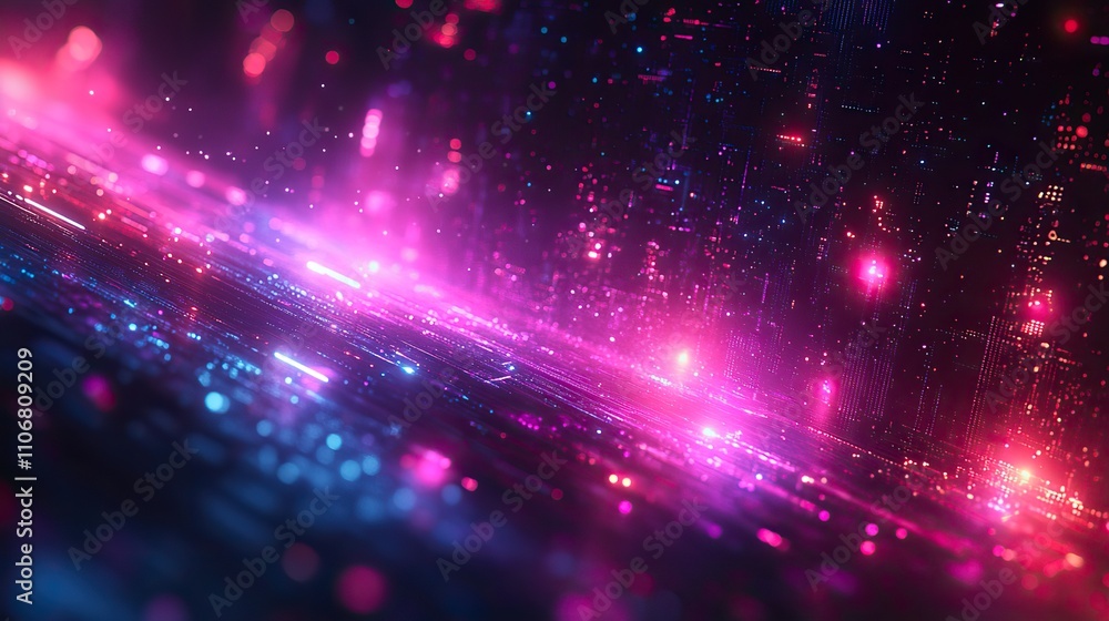 Poster a digital background with purple and blue isometric lines on a black background, creating a tech pat