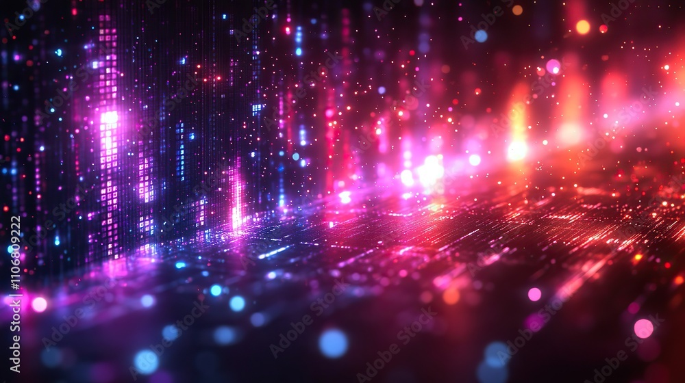 Poster a digital background with purple and blue isometric lines on a black background, creating a tech pat