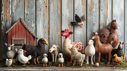 Handmade wooden farm animals on a rustic barn backdrop
