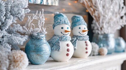 Icy blue decorations on a winter mantlepiece with snowmen figurines.