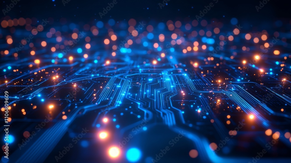 Aufkleber abstract digital circuit board with glowing nodes and connections.