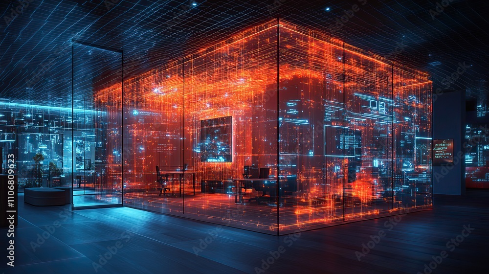 Poster a digital blueprint of an office building with holographic elements, showcasing innovation in archit