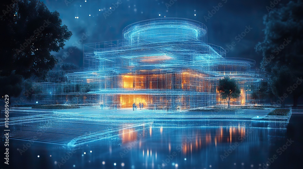 Poster a digital blueprint of an office building with holographic elements, showcasing innovation in archit