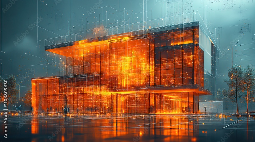 Poster a digital blueprint of an office building with holographic elements, showcasing innovation in archit