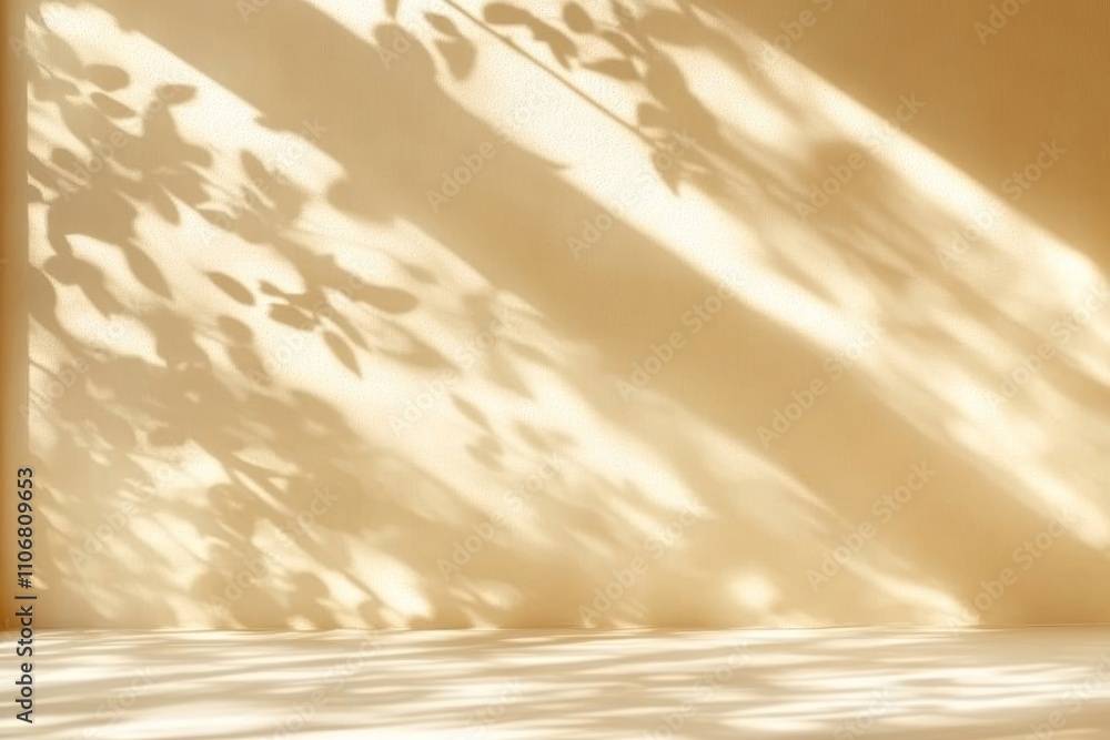 Poster minimalist abstract background with gentle light and intricate shadows on a beige wall for product p