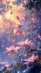 Beautiful lotus flowers surrounded by sparkling droplets in a serene setting during sunrise