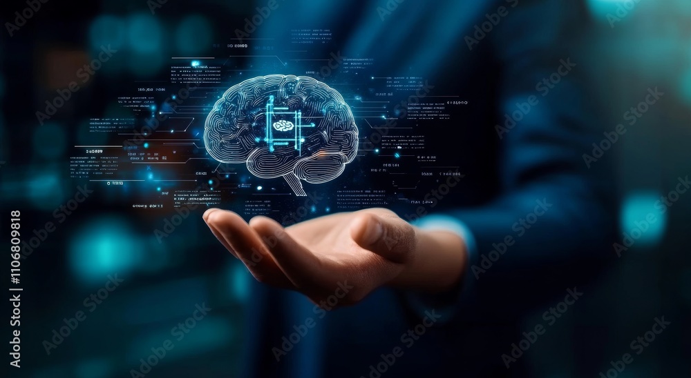 Poster artificial intelligence technology man using ai command for digital brain interaction in futuristic 