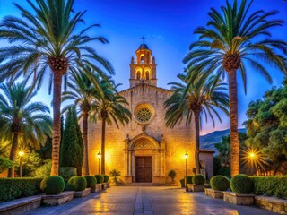 Obraz premium Esgesia Nova Evening Service in Son Servera, Mallorca â€“ Illuminated Church, Palm Tree Entrance, Low Light Photography, Blue Hour Stars