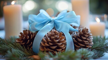 Ice-blue ribbons tied around pinecones for a winter centerpiece.