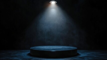 A dimly lit stage with a spotlight, creating a dramatic atmosphere for performances.