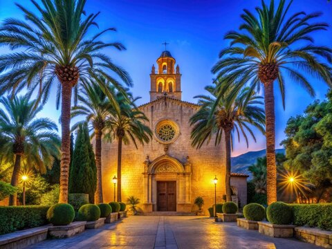 Esgesia Nova Evening Service in Son Servera, Mallorca &acirc;&euro;&ldquo; Illuminated Church, Palm Tree Entrance, Low Light Photography, Blue Hour Stars