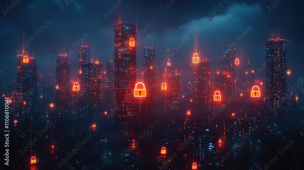 Poster a digital cityscape with a skyline featuring multiple padlock icons symbolizes security and data pro