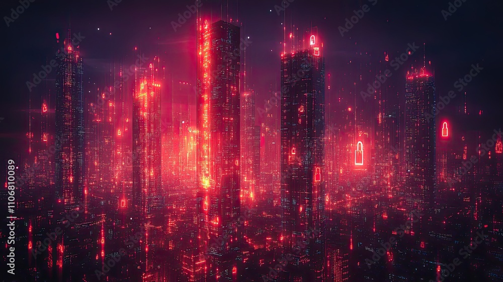 Poster a digital cityscape with a skyline featuring multiple padlock icons symbolizes security and data pro