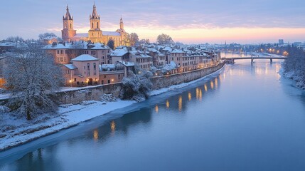Fototapeta premium A serene winter landscape featuring a riverside town with snow-covered buildings and a church.