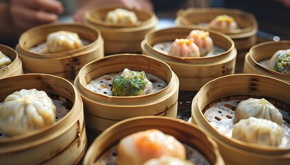 chinese dim sum in bamboo steamers