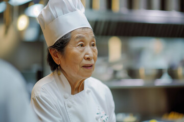 Elderly Asian female chef in professional kitchen environment - Powered by Adobe