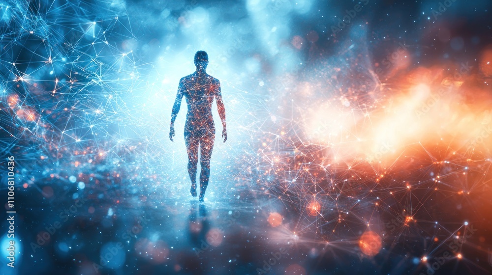 Aufkleber an abstract image of a person connected to a digital network, representing the idea of digital freed