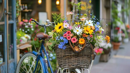 Heart shaped arrangement of colorful wildflowers in vintage bicycle basket parked by a flower shop