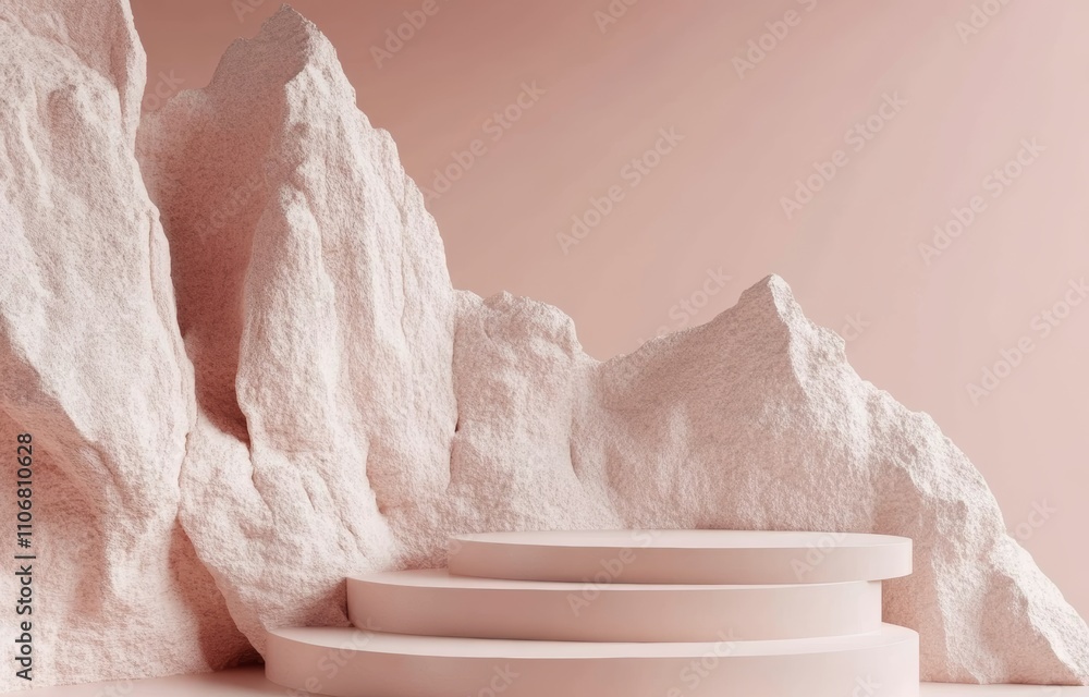 Poster pastel pink abstract minimalistic sculpture display with textured rocks and smooth forms