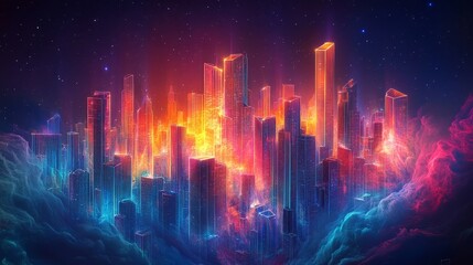 Obraz premium Futuristic Cityscape Illuminated by Vivid Neon Lights and Cosmic Dust