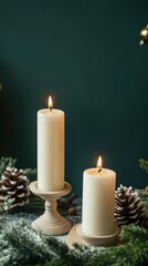 Beautiful Christmas white candles stand on the table on the left with copy space for text on the right. Xmas decor against a rough blue background. New Year's Eve and a holiday miracle