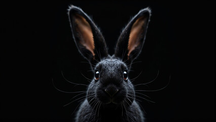 Portrait of a black rabbit in dramatic light against a blank black background - Generative AI