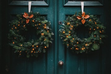 Holiday wreaths with sparkling lights hanging on a front door welcoming the New Year with warmth and