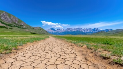 Cracked Earth Path Arid Landscape Mountain Range Background Dry Soil Texture